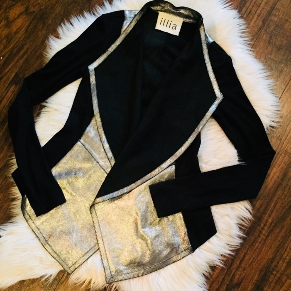 •illia• Draped Front Leather Colorblock Cardigan